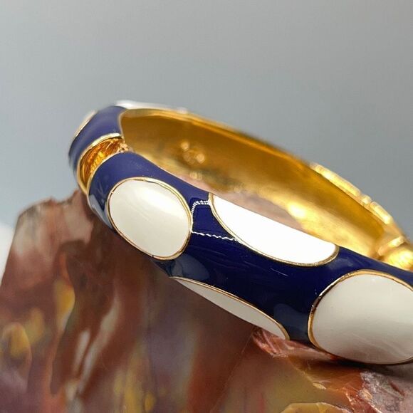 Blue White Enamel Gold Hinged Bangle Kenneth Jay Lane - Picture 1 of 14
